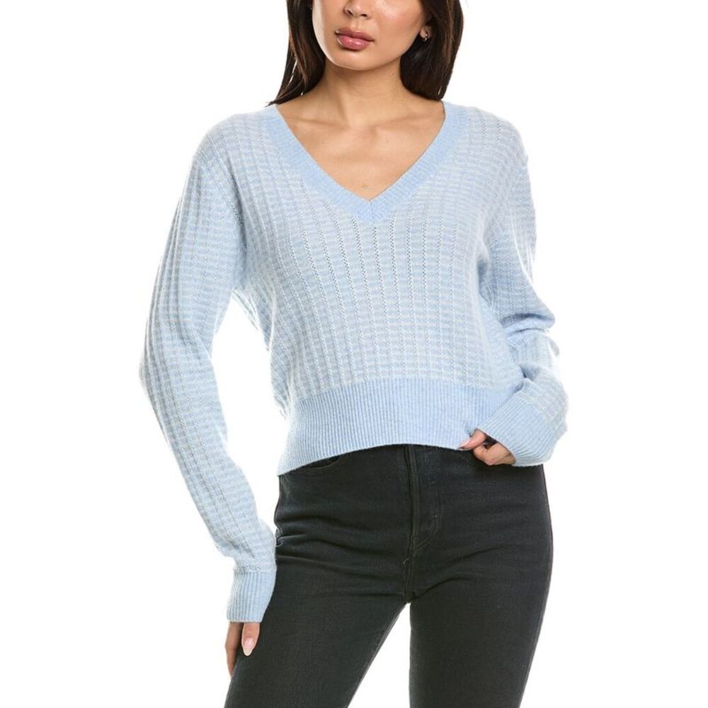 Brodie Cashmere Womens Ethereal Stitch V-Neck 100% Cashmere Sweater, Blue